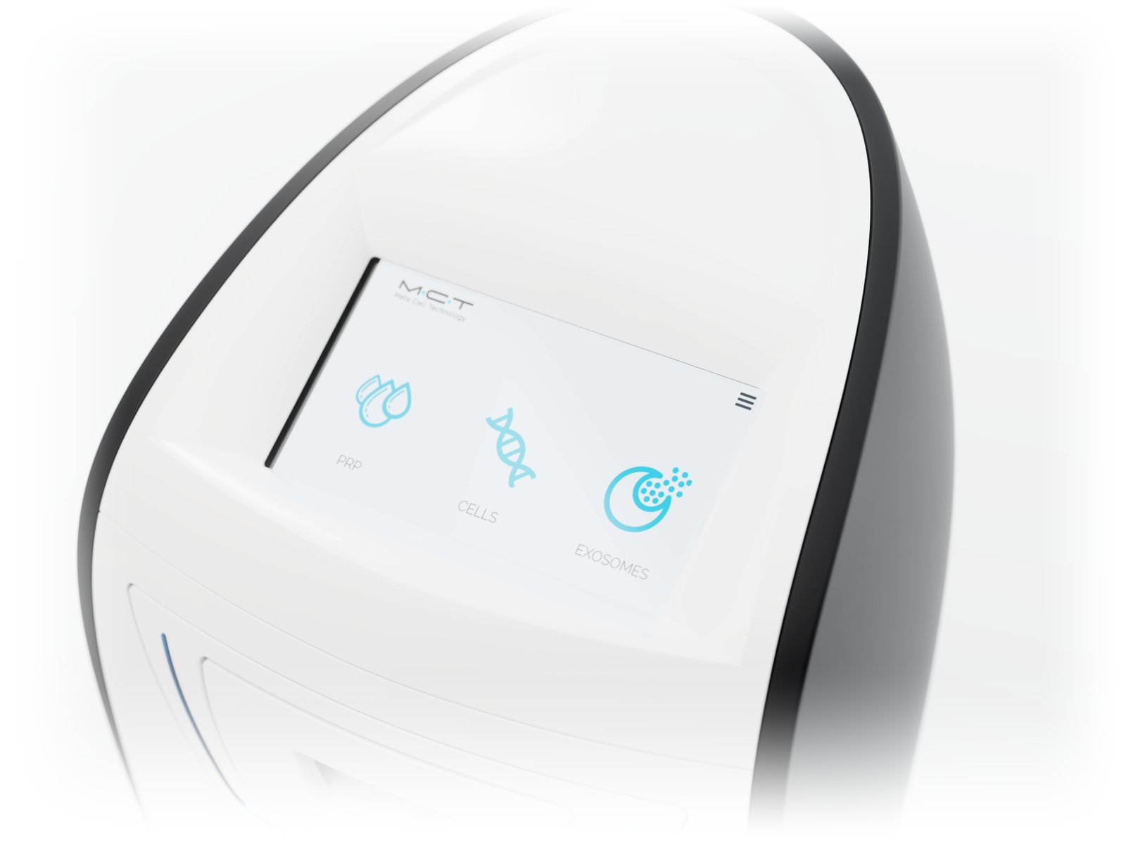 MCT Unit touchscreen showing its three presets: PRP, Cells and Exosomes